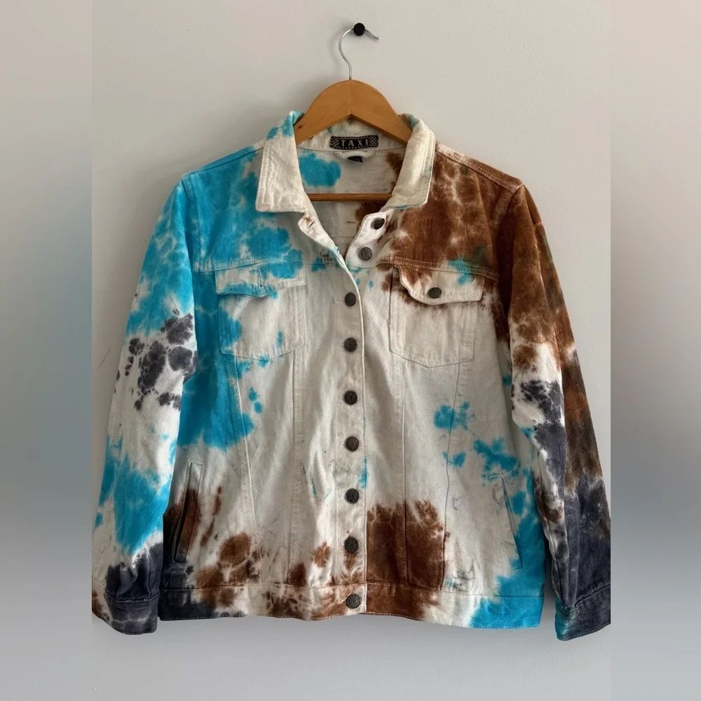 TAXI Size 1X Tie Dye Denim Jacket Trucker Button Front Blue Brown Cotton Stretch